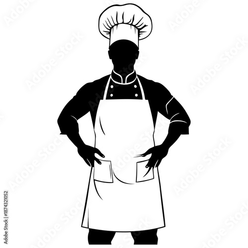 Chef standing neutral front pose vector silhouette for cooking class branding culinary education materials and professional kitchen equipment marketing
