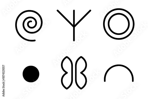 Abstract Origins Design. Origins abstract genesis set in outline vector style: spiral start, branching lines, expanding ring, void dot, mirrored shapes, rising arc