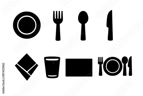 Brutalist Dining Icons. Dining basics icon set in silhouette bold style. Contain plate, fork, spoon, knife, napkin, glass, placemat, table setting icon