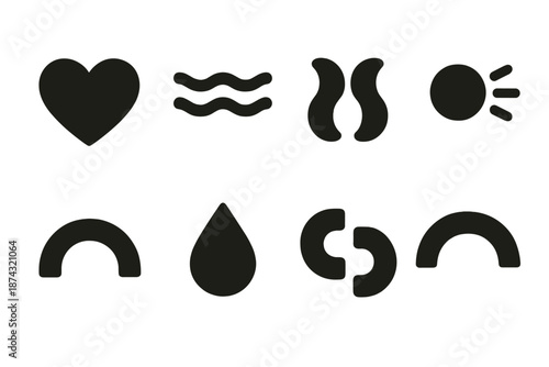 Brutalist Affection Symbols. Quiet Affection icon set in silhouette bold style. Contain muted heart shape, calm ripple line, gentle curve pair, soft warmth dot,