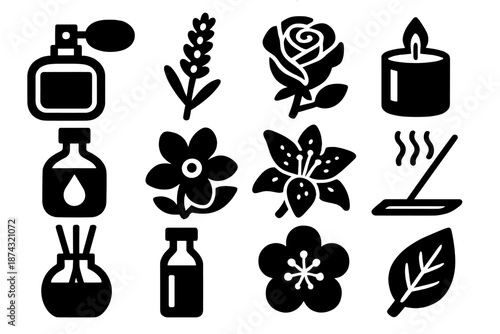 Refined Scents Icons. Refined Scents icon set in silhouette bold style. Contain perfume, lavender, rose, candle, essential oil, jasmine, lily, incense, diffuser, vial, blossom, leaf