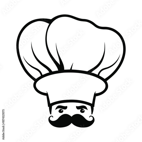 Elegant chef head profile vector minimalist design with signature moustache and hat for fine dining establishment branding and upscale food marketing