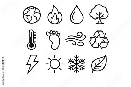 Eco Awareness Symbols. Climate Awarenessset in outline vector style earth, flame, droplet, tree, thermometer, footprint, wind, recycle symbol, lightning bolt, sun, snowflake, leaf