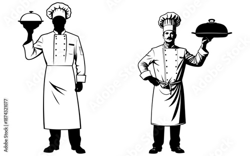 Chef standing front silhouette holding cooking pan vector for restaurant branding culinary school marketing and food service promotional materials