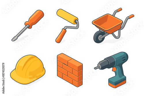 Renovation Tools Icons. Renovation set in isometric flat vector : Screwdriver, Paint Roller, Wheelbarrow, Hard Hat, Wall, Drill