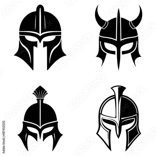Warrior helmet collection spartan viking logos frontal vector silhouettes for gaming branding historical content and battle-themed merchandise design