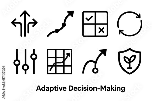 Dynamic Decision Pathway. Adaptive Decision Making set in outline vector style: shifting arrows, flexible path curve, scenario icons, feedback loop, variable