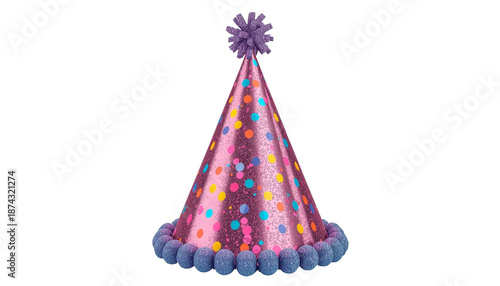 A pink party hat with colorful polka dots and a purple snowflake on top sits on a transparent background