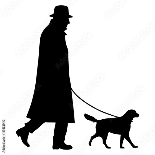 Elderly man walking dog winter silhouette vector for pet product branding senior lifestyle marketing and heartwarming seasonal campaigns