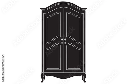 Black silhouette wardrobe furniture set, classic wooden closet designs, modern storage cabinet collection, elegant cupboard icons, bedroom furniture illustration vector