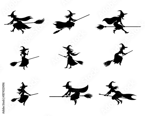 Witches on brooms silhouette set clean vector design for spooky childrens books party decorations and seasonal promotional materials