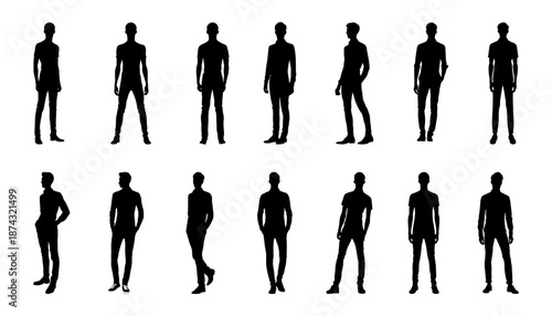 Slim man casual poses vector silhouette collection for modern fashion branding minimalist apparel marketing and contemporary lifestyle visuals
