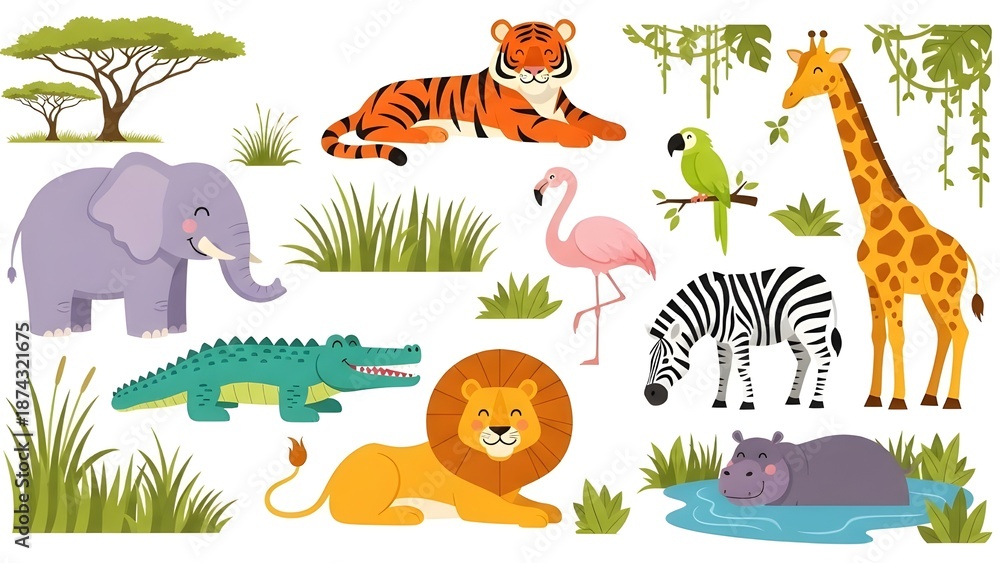 Fototapeta Un conjunto de ilustraciones vectoriales planas en un estilo infantil sencillo.
 Animales de safari y áfrica.
 Lindo elefante jirafa tigre leopardo león loro avestruz flamenco cocodrilo camaleón mono