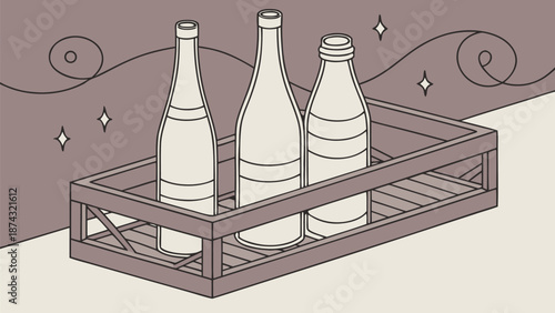 Three clear glass bottles arranged inside a rustic wooden crate creating a minimalist still life with a clean contemporary aesthetic and subtle background details
