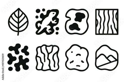 Camouflage Design Icons. Camouflage set in outline vector style: leaf-pattern shape, hidden creature silhouette, broken color patch, shadow blend, textured bark