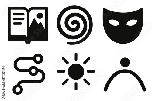 Brutalist Story Icons. Creative tales icon set in silhouette bold style. Contain illustrated page, gentle swirl, symbolic mask, plot path, shining dot, story arc