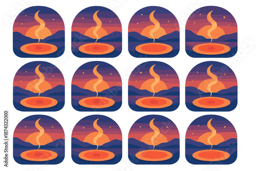 Vibrant Meal Icons. Taste Evening Scenic Meal vector set in modern flat style : horizon table arc, ambient steam swirl, tasting dot, terrain speck, soft glow ring, calm dining mote