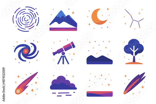 Starry Night Icons. Night Sky Milky Way vector set in modern flat style : star trail, mountain silhouette, moon, constellation, telescope, tree, cloud, horizon