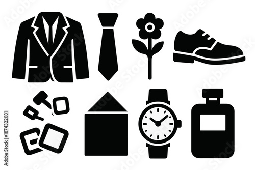 Groom Essentials Icons. Groom essentials icon set in silhouette bold style. Contain suit jacket, tie, boutonniere, dress shoes, cufflinks, pocket square, watch, cologne bottle