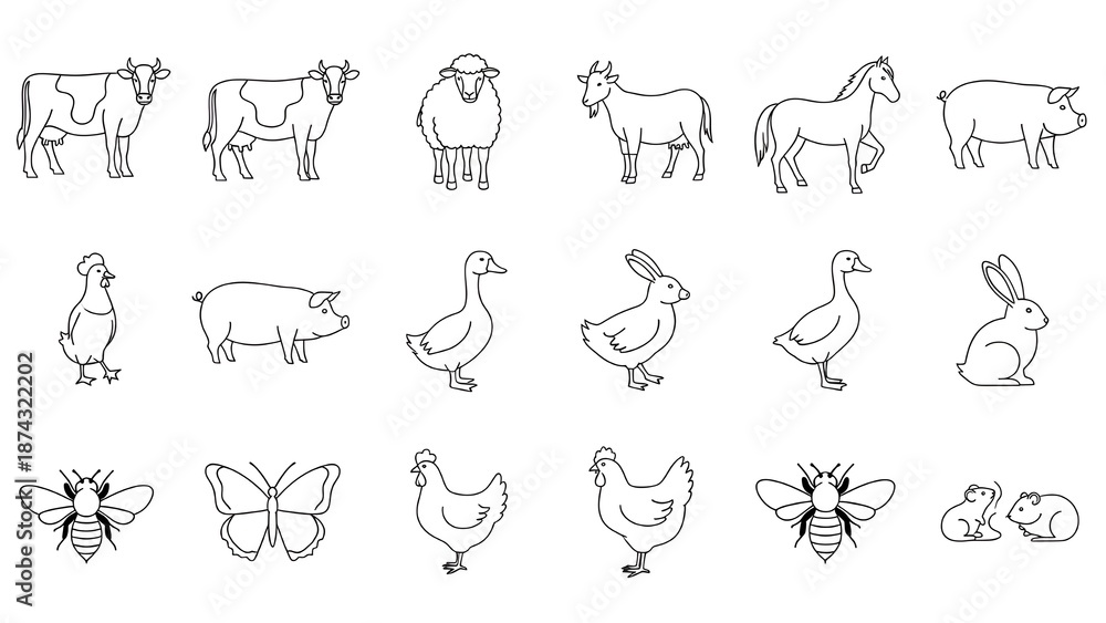 Obraz premium Conjunto de iconos de línea de animales de granja. Pictogramas vectoriales de ganso doméstico, pavo, pollito, patito, pato, oveja, caballo, cerdo, burro, buey, ilustración lineal delgada.