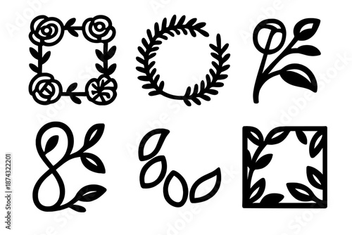 Garden Icon Set. Garden-inspired frames icon set in silhouette bold style. Contain rose outline border, fern-edged circle, bud corner accent, flowing vine loop, petal crescent, leafy square