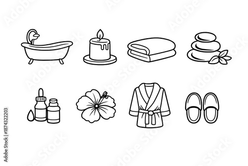 Spa Symbols Collection. Home Spaset in outline vector style bathtub, candle, towel, massage stones, essential oil, flower, robe, slippers