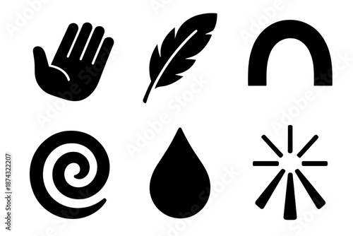 Brutalist Icon Set. Release icon set in silhouette bold style. Contain open hand, drifting feather, rising arc, soft swirl, freed droplet, gentle beam