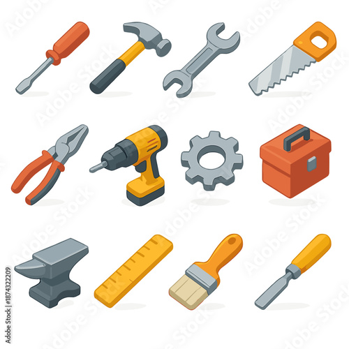 Isometric Tool Icons. Tools set in isometric flat vector : screwdriver, hammer, wrench, saw, pliers, drill, gear, toolbox, anvil, ruler, paintbrush, chisel