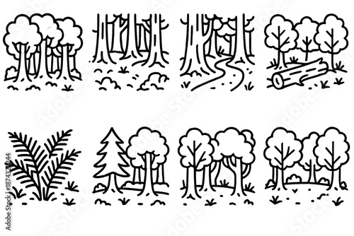 Black Line Forest Icons. Forest Habitat set in outline vector style: dense canopy, mossy forest floor, winding trail, fallen log, fern cluster, tall pine, shaded understory, woodland clearing