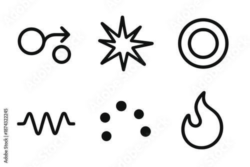 Instinctive Abstract Icons. Instinct abstract set in outline vector style: impulse arc, sudden burst, pulsing ring, jagged line, sensing dots, instinctive form
