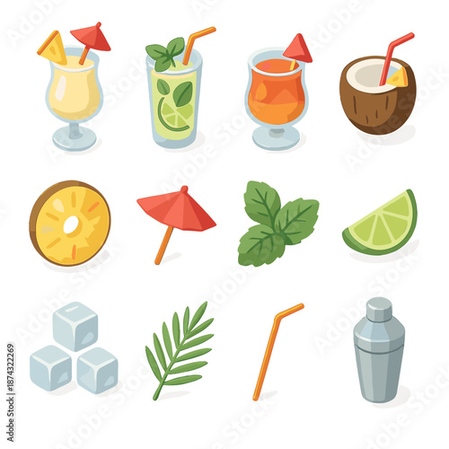 Tropical Drinks Icons. Ropical Drinks set in isometric flat vector : pina colada, mojito, mai tai, coconut drink, pineapple slice, cocktail umbrella, mint