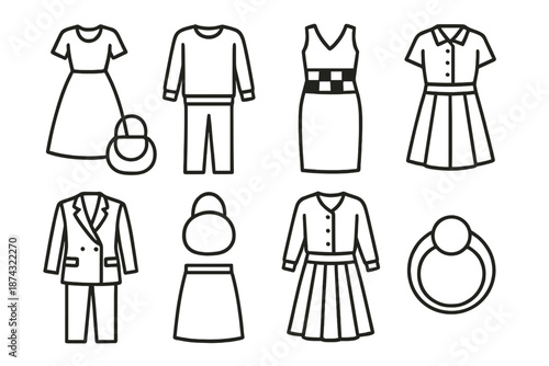 Fashion Silhouette Icons. Coordinated Style set in outline vector style : matching silhouette set, balanced outfit shapes, harmonious accessory arc, paired