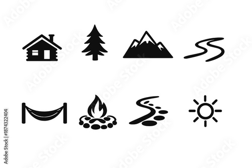Nature Retreat Icons. Nature retreat basicsset in outline vector style cabin silhouette, pine tree, mountain peak, river curve, hammock, fire pit, footpath, sun icon