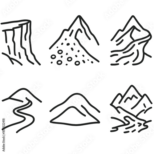 Iconic Mountain Elements. Mountainscape elements set in outline vector style: cliff face, scree slope, glacier tongue, winding trail, foothill, mountain stream