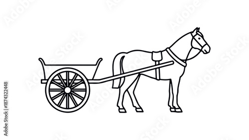 Horse pulling a cart with large wheel and harness on its body and head slowly.