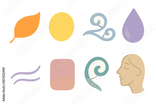 Wistful Vector Icons. Wistful Mood vector set in modern flat style : drifting leaf shape, pale shimmer spot, sighing swirl, slow descent droplet, muted breeze