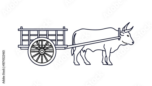 Ox pulling a simple wooden cart with large wheel and visible wooden slats slowly forward.