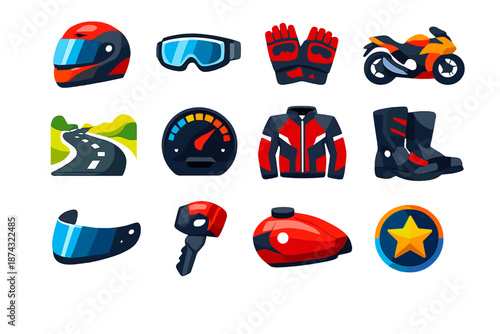 Motorcycle Gear Icons. Motorcycle Helmet vector set in modern flat style : full-face helmet, goggles, gloves, motorcycle, road, speedometer, jacket, boots, visor, key, fuel tank, star emblem