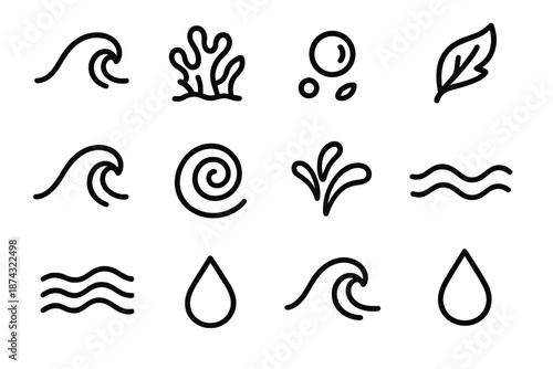 Aquatic Icons Design. Aquatic Nature set in outline vector style: fluid wave, seafloor coral, drifting bubble, marine leaf, tidal sweep, ocean swirl, foam