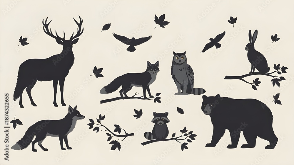 Obraz premium Conjunto de animales del bosque Linocut, colección de impresión de grabado de naturaleza de silueta de vida silvestre vectorial. Mamíferos grabados en madera vintage, oso espantoso, astas de venado,