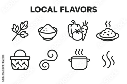 Culinary Icon Medley. Local Flavors set in outline vector style: herb sprig, regional spice bowl, fresh produce cluster, traditional dish icon, market basket, flavor swirl, cooking pot, aroma wave