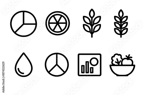 Healthy Eating Icons. Nutrition Basics set in outline vector style: balanced plate, fruit slice, vegetable sprig, whole grain icon, water droplet, portion guide, nutrient chart, healthy bowl