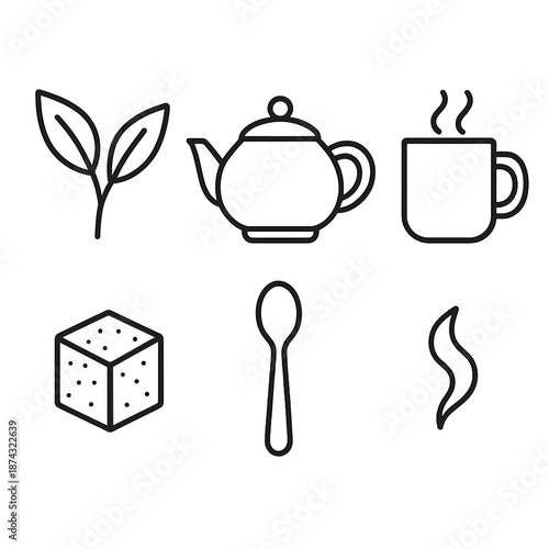 Tea Essentials Icons. Teaset in outline vector style Tea Leaves, Kettle, Mug, Sugar Cube, Steam, Spoon