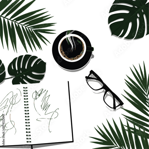 Flat Lay Composition of Notebook with Scribbles, Black Coffee, Eyeglasses and Tropical Monstera Palm Leaves on White Background