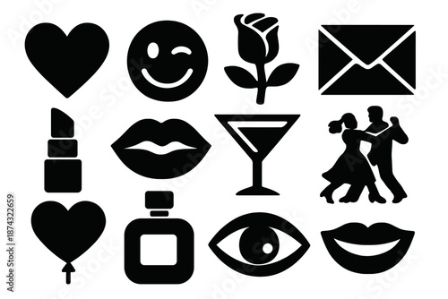 Bold Flirtation Icons. Flirtation icon set in silhouette bold style. Contain heart, winking face, rose, envelope, lipstick, kiss mark, cocktail glass, dancing