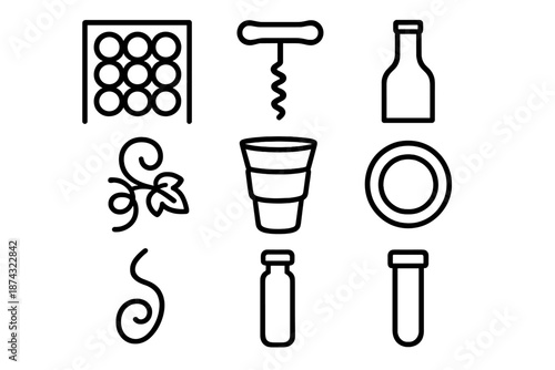 Wine Cellar Symbols. Wine cellarcraft elements set in outline vector style : wine rack segment, corkscrew form, bottle neck, grape tendril, aerator shape, drip catcher ring, aroma curl, small vial