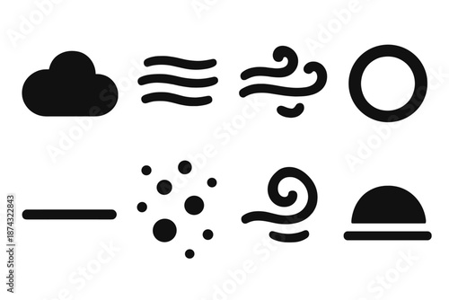 Brutalist Atmospheric Icons. Ambient Surroundings icon set in silhouette bold style. Contain soft cloud form, drifting mist lines, gentle breeze waves, subtle