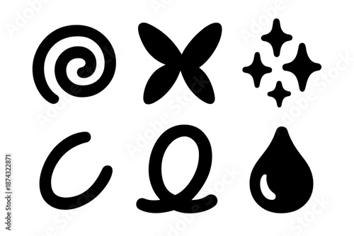 Whimsical Icon Set. Whimsical play icon set in silhouette bold style. Contain doodle swirl, fluttering shape, lively loop, spark cluster, curved motion mark, playful droplet