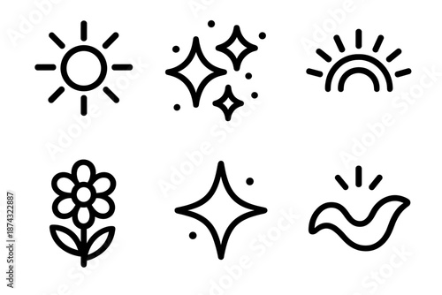 Positive Icons Celebration. International Women’s Day Positive Energy vibrant set in outline vector style: radiant sun, sparkling dots, uplifting arc, blooming flower, bright star, joy wave
