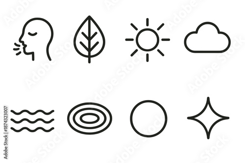 Mindfulness Icon Collection. Mindful Living set in outline vector style: mindful breath icon, grounding leaf, warm sunbeam, calm cloud, gentle wave, reflective pool, centered circle, harmony spark